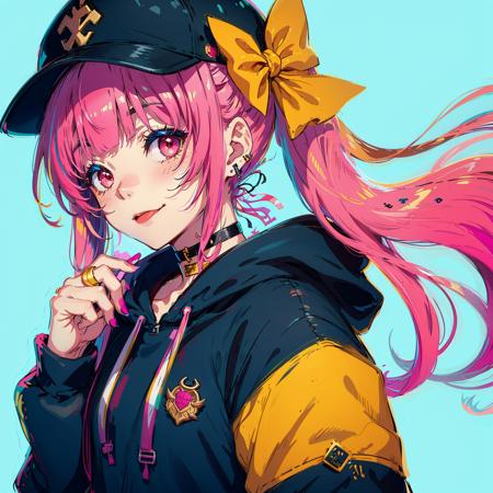 14533-2315413523-1girl, solo, tongue out, tongue, hat, multicolored hair, bow, black headwear, jewelry, pink hair, multicolored nails, baseball c.png